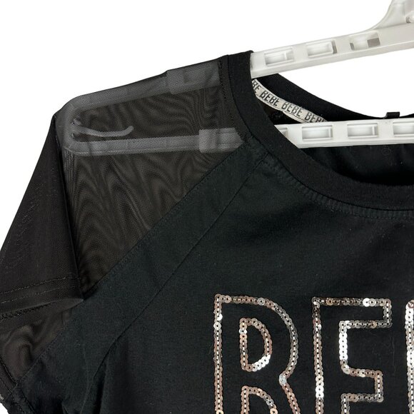 Bebe Sport Black Mesh Sleeve Logo T-Shirt With Sequins - Size 1X - Picture 2 of 4